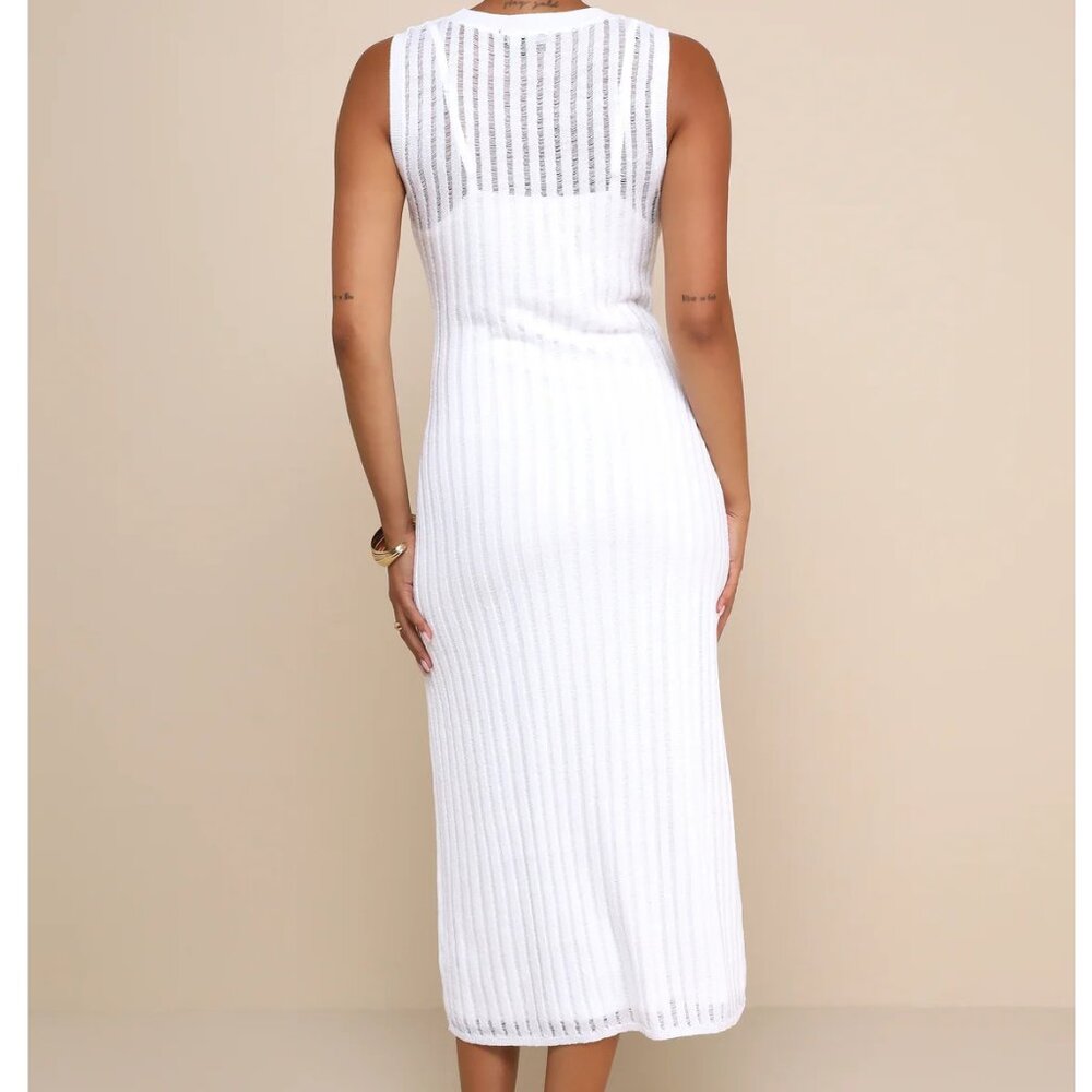 Lulus Effortlessly Sultry White Ribbed Knit Bodycon Midi Dress - Size L - Picture 3 of 5